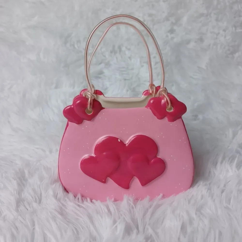 Pink Heart Ceramic Mini Purse Flower Planter Vase Table Centerpiece Decor